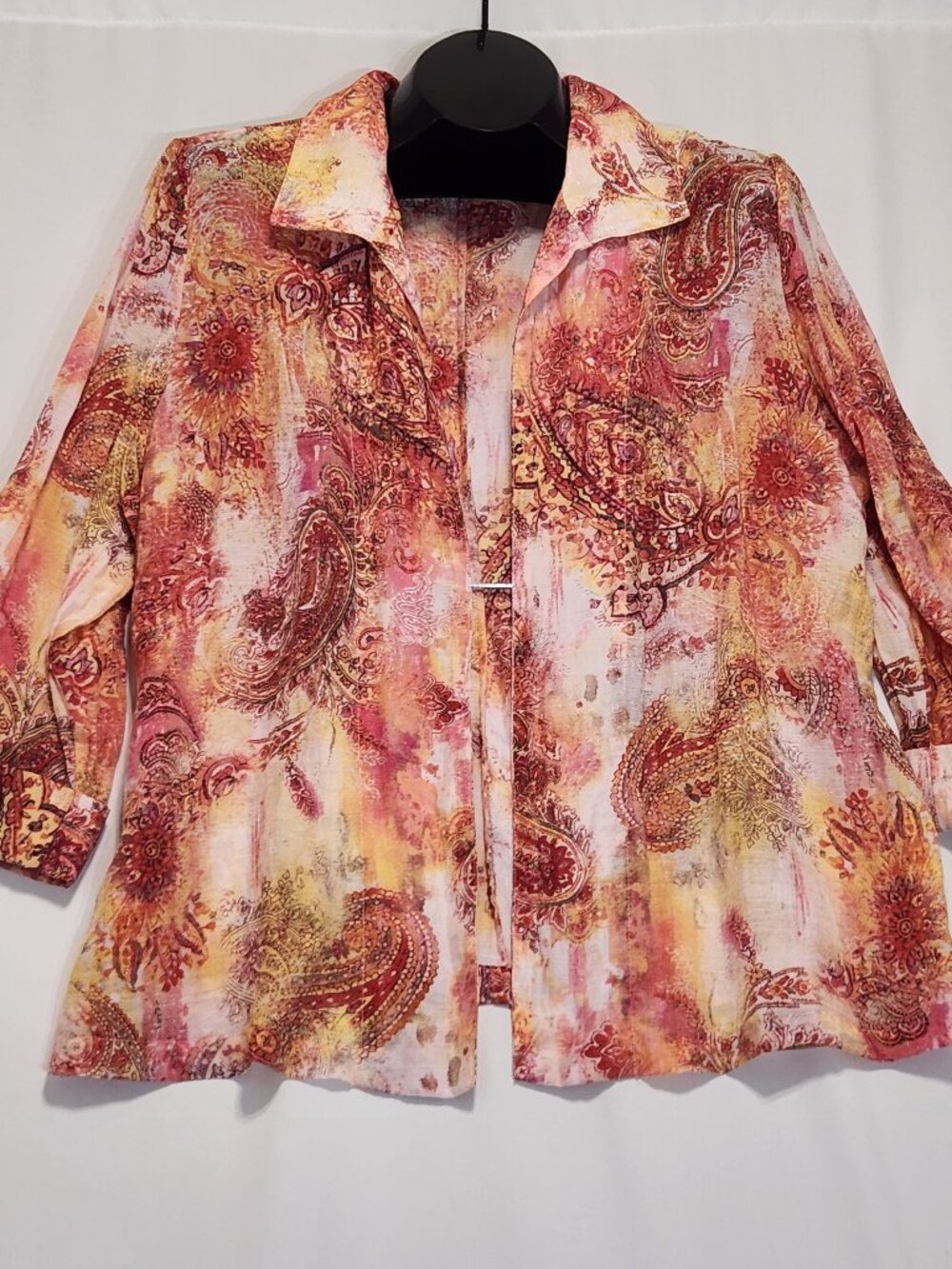 Chicos 3(Womens XL) Open Front Cardigan Jacket Shimmer Paisley Multi Orange Pink